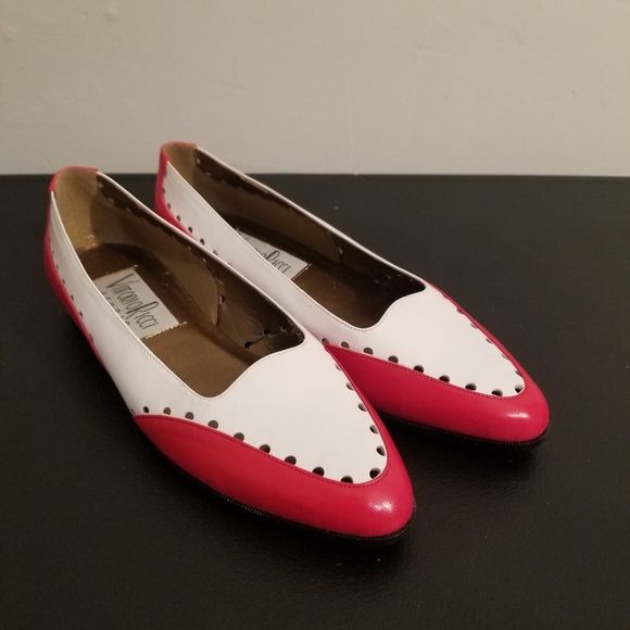 VITTORIO RICCI VINTAGE FLATS RED WHITE LEATHER CUT OUT 80S LOW HEELS COMFY RETRO - Picture 2 of 7